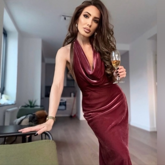 Zara Bloggers Favorite Raspberry Velvet Halter Dress Size Small - Picture 6 of 13